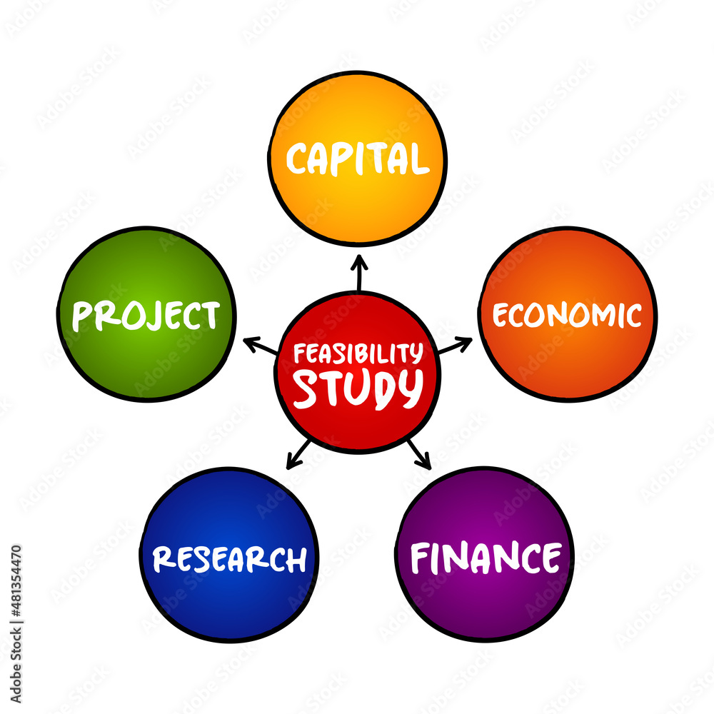 Feasibility study - assessment of the practicality of a proposed project or system, mind map concept for presentations and reports Feasibility study - assessment of the practicality of a proposed project or system, mind map concept for presentations and reports