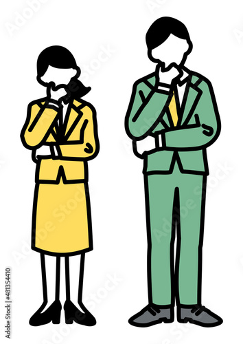 スーツを着たシンプルな男女のイラスト　考える