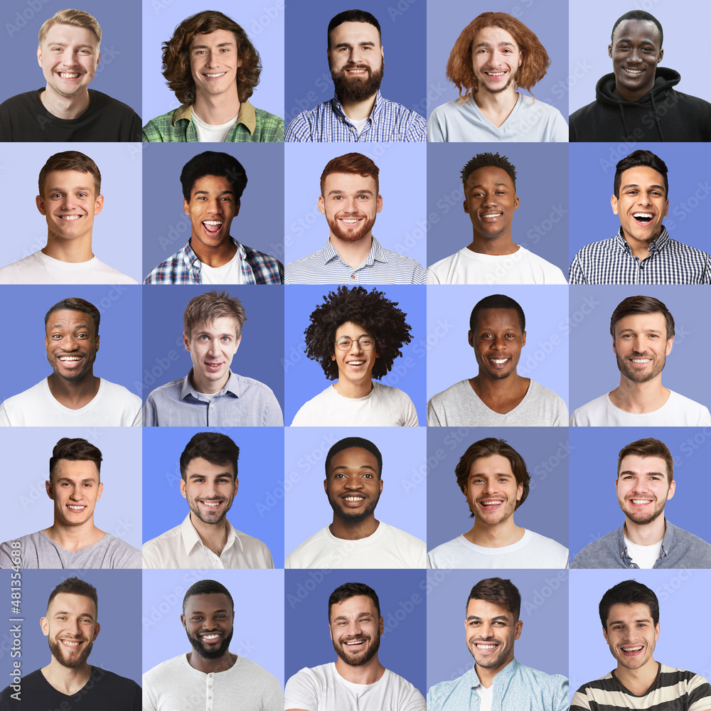 Collection of male avatars, multiracial men smiling on blue Collection of male avatars, multiracial men smiling on blue
