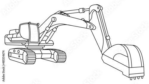 Children linear drawing for coloring book. Heavy excavator machine for construction and earthworks in linear. Industrial machinery and equipment. Isolated vector on white
