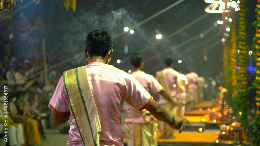 Ganga aarti ceremony rituals were performed by Hindu priests at Dashashwamedh Ghat and Assi Ghat in Varanasi Uttar Pradesh India Ganga aarti ceremony rituals were performed by Hindu priests at Dashashwamedh Ghat and Assi Ghat in Varanasi Uttar Pradesh India
