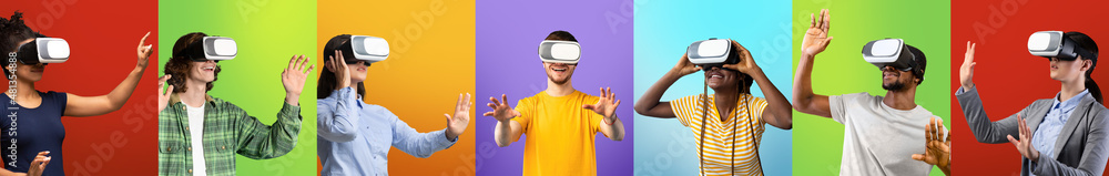 Naklejka premium Group of millennial people wearing VR glasses and experiencing virtual reality over colourful backgrounds, collage