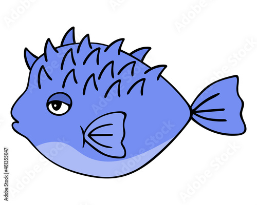 Fish ball. Purple fish. Colored vector illustration. A spiny fish with fins and a tail. Ocean dweller with thorns. Sea puffer. Cartoon style. Isolated background. Idea for web design, books.