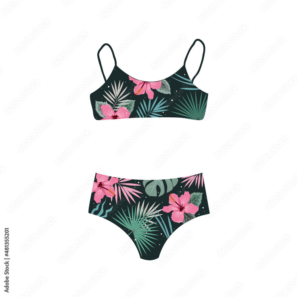 Stylish female swimsuit with floral tropical fruit pattern. Fashionable swimwear. Bikini top and bottom. Flat vector illustration isolated on white background. Stylish female swimsuit with floral tropical fruit pattern. Fashionable swimwear. Bikini top and bottom. Flat vector illustration isolated on white background.