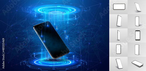 Smartphone and hologram projector. 3D Mock up. Fantastic Circle portals, hologram teleportation gadgets. Sci-fi digital high-tech elements.  Realistic cell phone template. Vector illustration