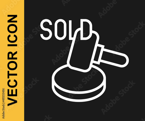 White line Auction hammer icon isolated on black background. Gavel - hammer of judge or auctioneer. Bidding process, deal done. Auction bidding. Vector