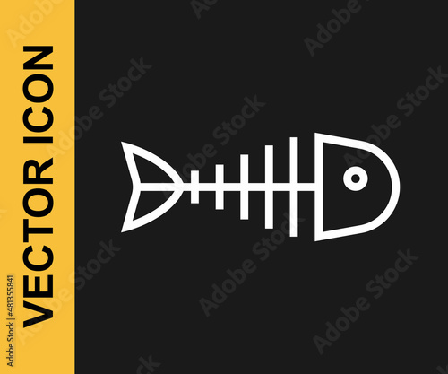 White line Fish skeleton icon isolated on black background. Fish bone sign. Vector