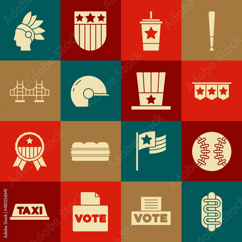Set Hotdog sandwich, Baseball ball, Carnival garland with flags, Paper glass straw, helmet, Golden gate bridge, Native American Indian and Patriotic top hat icon. Vector