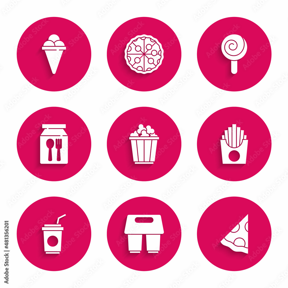 Set Popcorn in box, Coffee cup to go, Slice pizza, Potatoes french fries, Paper glass with straw, Online ordering and delivery, Lollipop and Ice cream waffle cone icon. Vector Set Popcorn in box, Coffee cup to go, Slice pizza, Potatoes french fries, Paper glass with straw, Online ordering and delivery, Lollipop and Ice cream waffle cone icon. Vector