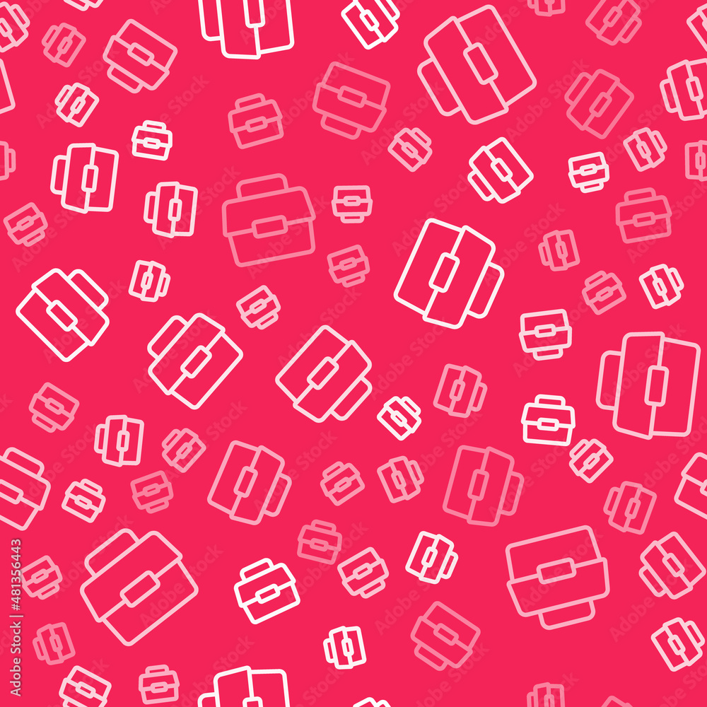 White line Case or box container for wobbler and gear fishing equipment icon isolated seamless pattern on red background. Fishing tackle. Vector White line Case or box container for wobbler and gear fishing equipment icon isolated seamless pattern on red background. Fishing tackle. Vector
