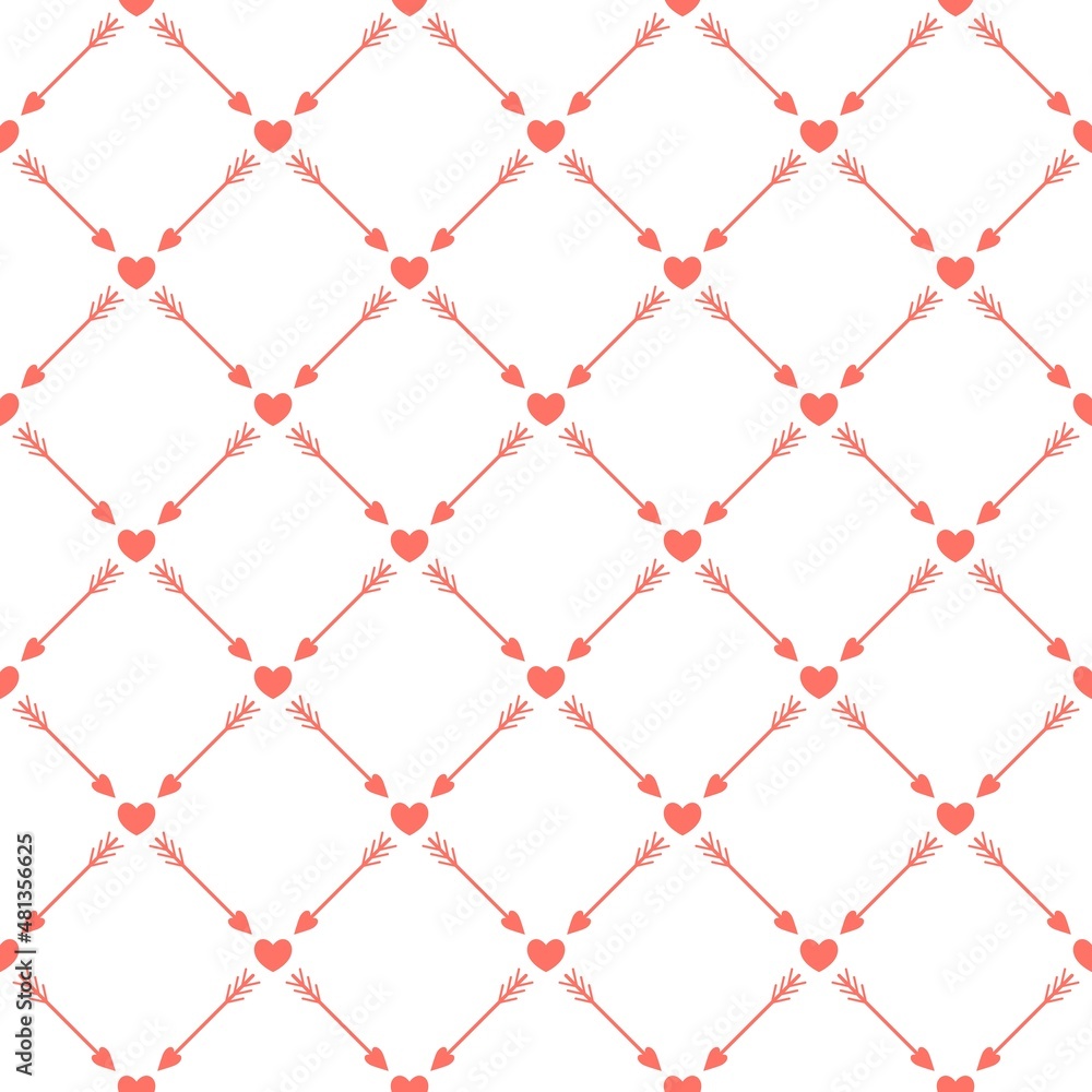 Fototapeta premium Seamless pattern with diagonal grid, cupid love arrow, small hearts. Vector pattern for decoration of wedding, engagement event, Valentines day