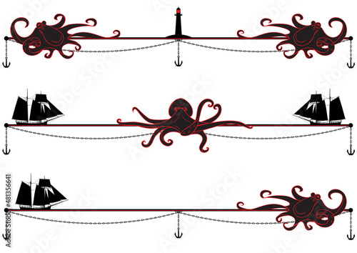Fotografia set of sea vector dividers with octopus, tall hips and lighthouse in black, red