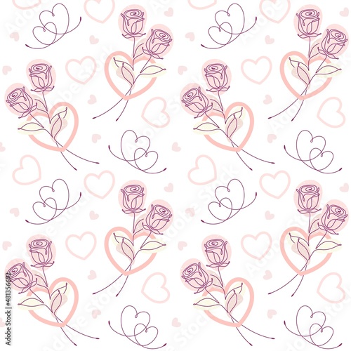 Seamless pattern with roses, hearts, abstract pastel color shapes. Minimal laconic graphic style with one line drawing. Vector pattern for decoration of wedding, engagement event, Valentines Day.
