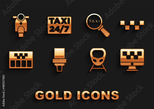 Set Safety belt, Taxi car roof, Computer call taxi service, High-speed train, Taximeter, Magnifying glass and, Scooter and Location with icon. Vector