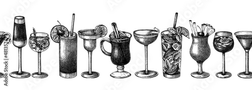 Seamless cocktail illustration. Vector sketches of alcoholic drinks in elegant glasses. Popular alcohol cocktails vintage hand-drawing. Perfect banner design for bar or restaurant menu