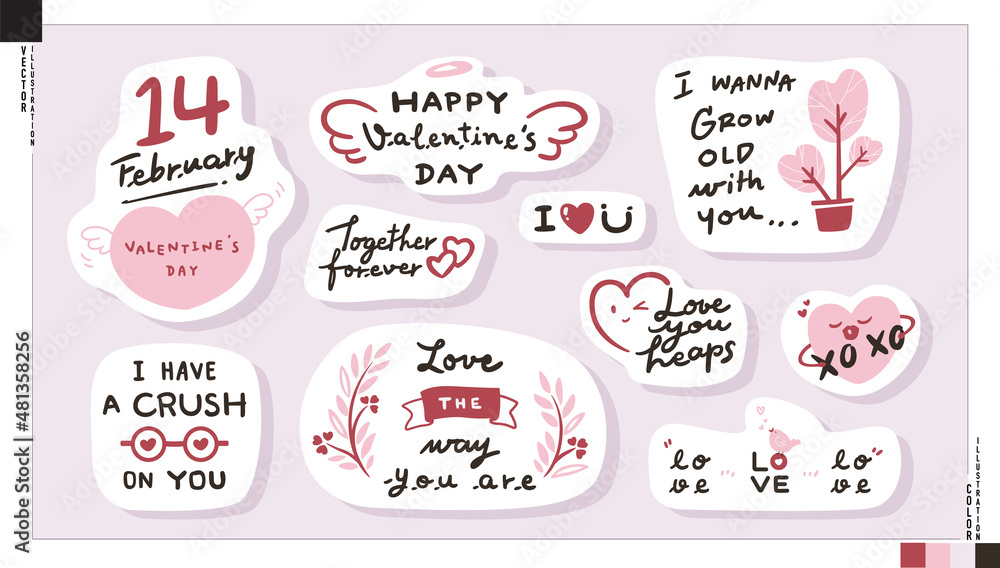 Cute sticker set of love lettering quotes, Valentine's Day concept. Vector illustration for web, print, scrapbook, card, etc. Cute sticker set of love lettering quotes, Valentine's Day concept. Vector illustration for web, print, scrapbook, card, etc.