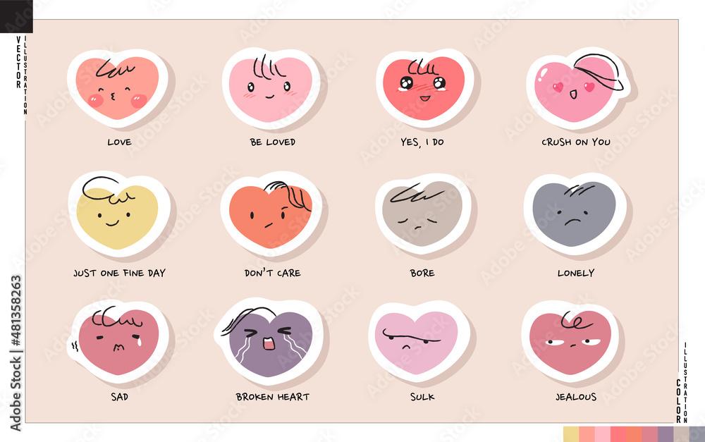 Sticker set of love heart emoticons, Valentine's day mood concept. Vector illustration in cartoon style. Sticker set of love heart emoticons, Valentine's day mood concept. Vector illustration in cartoon style.