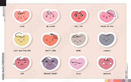 Sticker set of love heart emoticons, Valentine's day mood concept. Vector illustration in cartoon style.