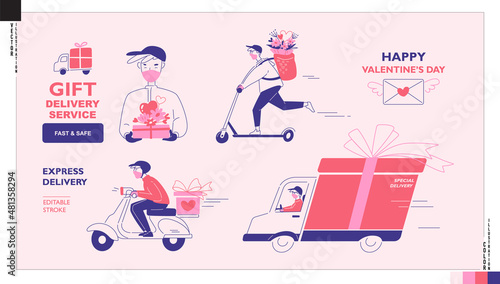 Set of gift delivery service icons, Valentine's Day concept. Vector illustration for web, print, scrapbook, card, etc. 