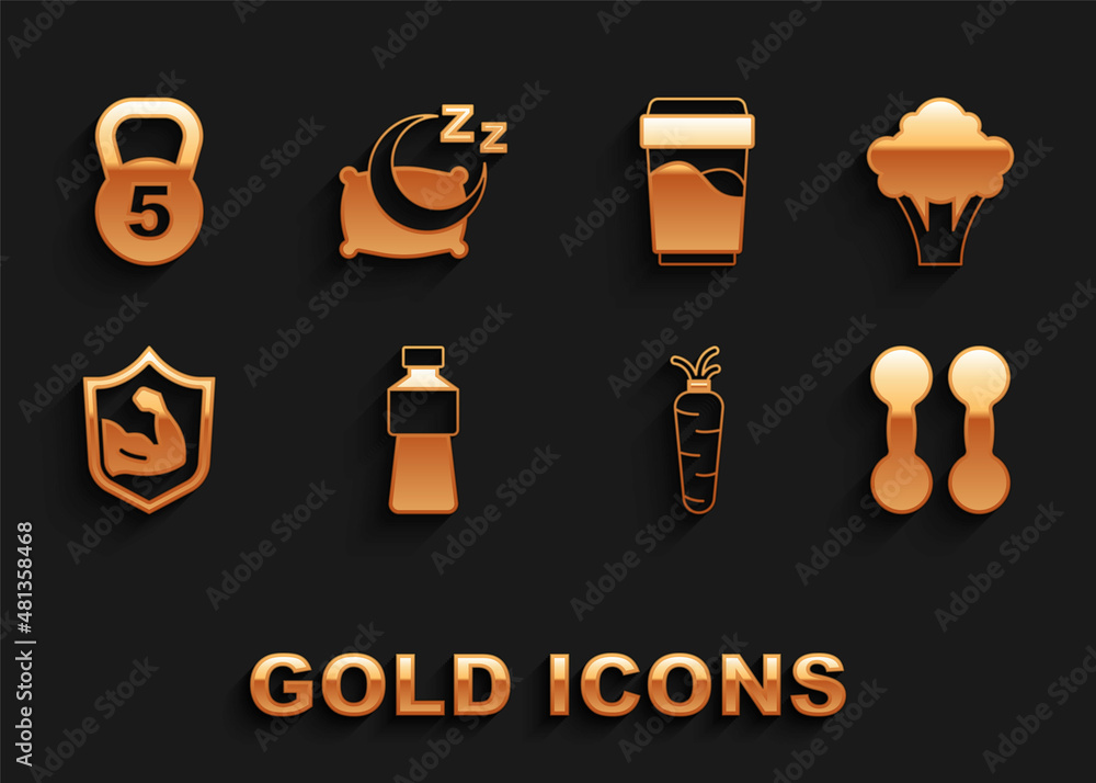 Set Bottle of water, Broccoli, Dumbbell, Carrot, Bodybuilder muscle, Glass with, Weight and Time to sleep icon. Vector Set Bottle of water, Broccoli, Dumbbell, Carrot, Bodybuilder muscle, Glass with, Weight and Time to sleep icon. Vector
