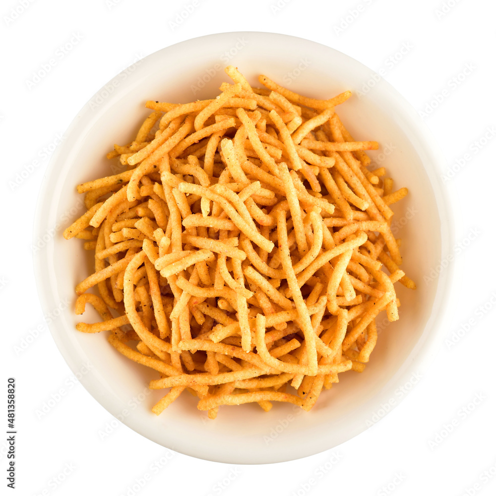 Aloo Bhujia in Bowl Isolated on White Background with Clipping Path Aloo Bhujia in Bowl Isolated on White Background with Clipping Path