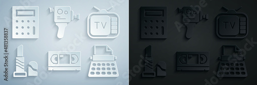 Set VHS video cassette tape, Retro tv, Lipstick, typewriter, cinema camera and Calculator icon. Vector