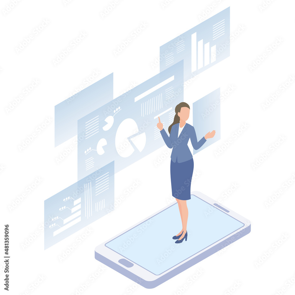 オンラインで講義する女性講師のアイソメイラスト Stock Vector Adobe Stock