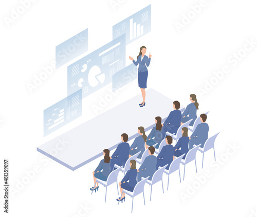 スクリーンに映し出された情報を用いて研修を受ける社会人のアイソメイラスト
