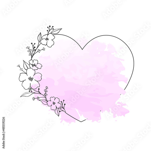 Hand drawn gray poppy flower heart frame in cute doodle style on pink watercolor.Luxury vector llustration