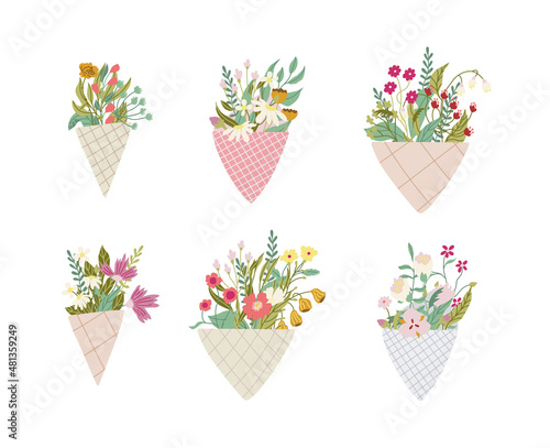 Set of floral bouquets in craft paper. Hand drawn flat illustrations. Vector isolated on white background. 