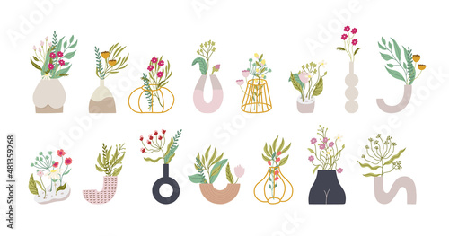 Big collection of floral bouquets in modern vases. Hand drawn flat illustrations. Vector isolated on white background. 