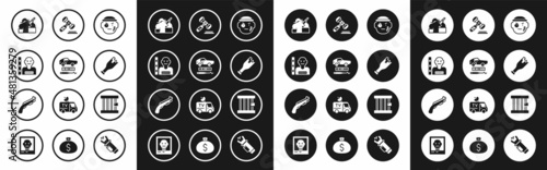 Free Download Set Bandit, Car theft, Suspect criminal, Murder, Broken bottle as weapon, Judge gavel, Prison window and Police shotgun icon. Vector - GFXLoad