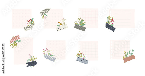 Collection of sheets of paper with pieces of washi tape and flowers. Vector isolated on white background.