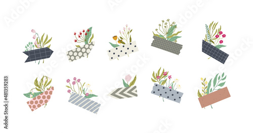 Set of pieces of washi tape with flowers. Cute crafty decorations. Flat freehand illustrations. Vector isolated on white.