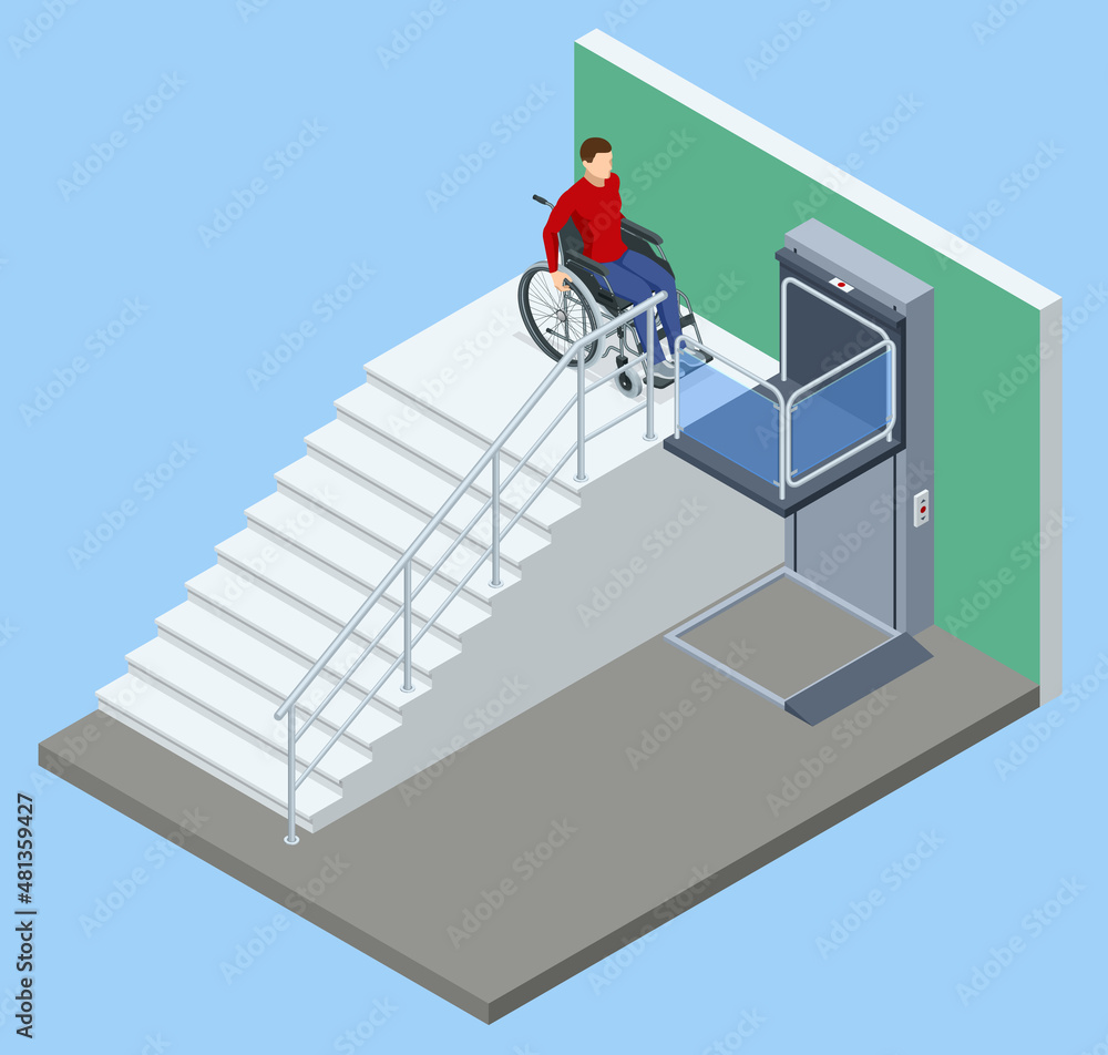 Isometric modern wheelchair lift near the building. The special elevator  for the disabled. Adaptation for people with disabilities, disabled people.  Assistance, rehabilitation and health care. Stock Vector | Adobe Stock