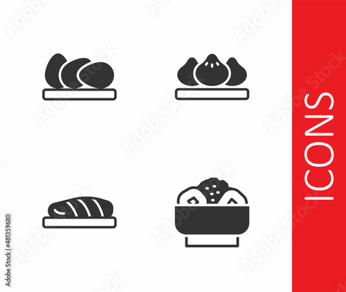 Set Chow mein on plate, Chicken egg, Fish steak and Dumpling icon. Vector