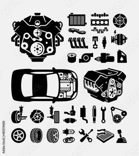 Car Engine Parts Vector Icons Set