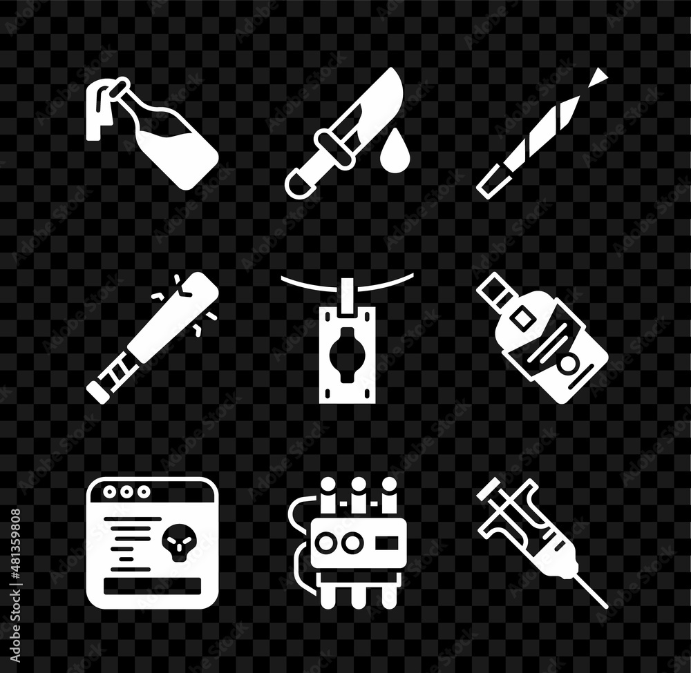 Fototapeta premium Set Cocktail molotov, Bloody knife, Marijuana joint, System bug, Dynamite and timer clock, Syringe, Baseball bat with nails and Money laundering icon. Vector
