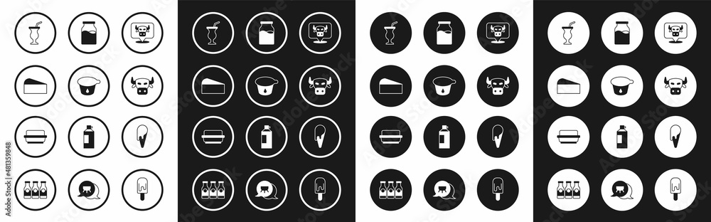 Set Cow head, Yogurt container, Cheese, Milkshake, Bottle with milk, Ice cream waffle cone and Butter butter dish icon. Vector