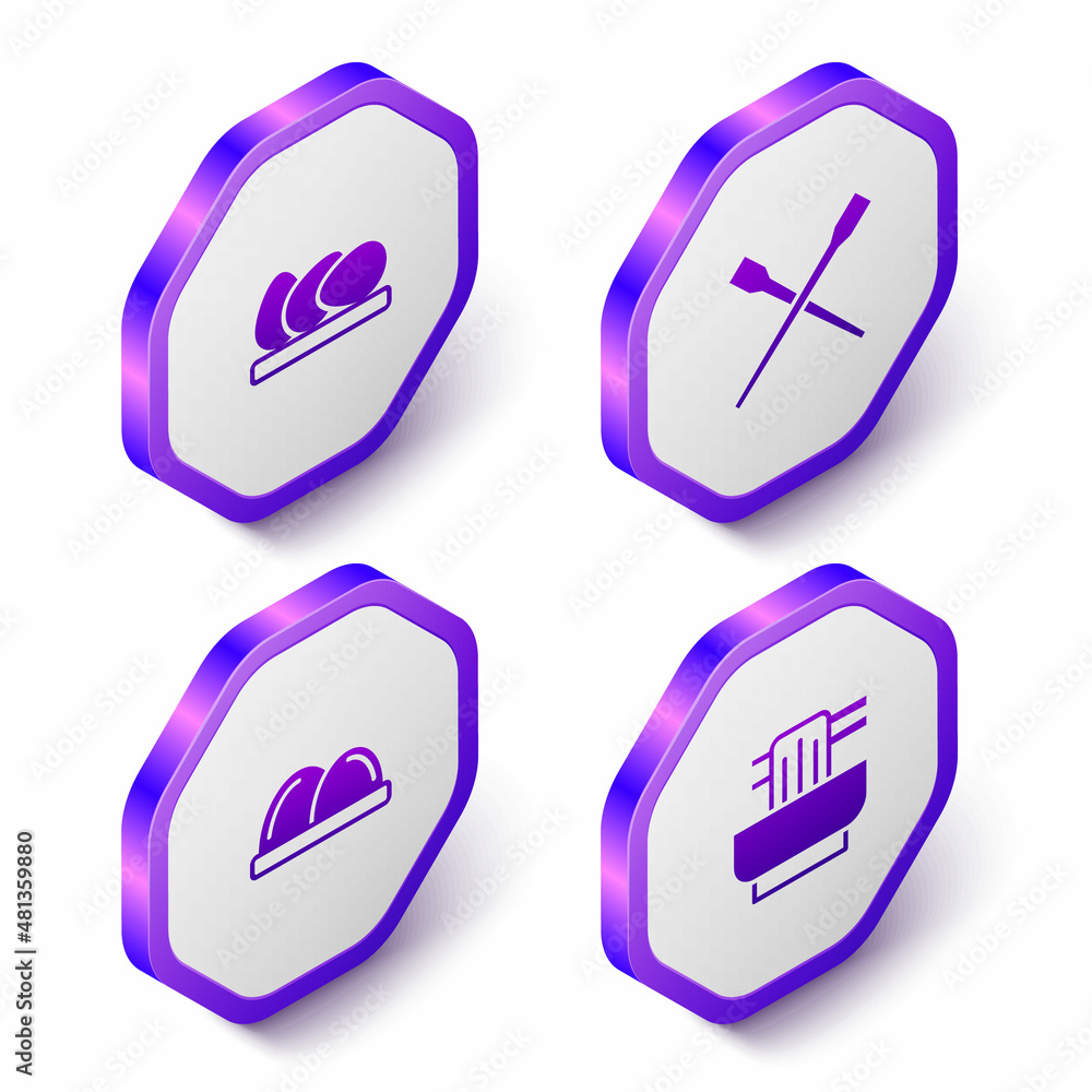 Set Isometric Chicken egg, Food chopsticks, Sushi and Asian noodles in bowl icon. Purple hexagon button. Vector Set Isometric Chicken egg, Food chopsticks, Sushi and Asian noodles in bowl icon. Purple hexagon button. Vector