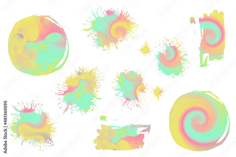 Bright abstract spray shapes. Modern colorful gradient sublimation backgrounds. Clip art on white