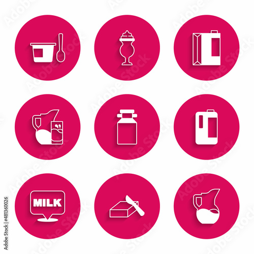 Set Can container for milk, Butter butter dish, Milk jug pitcher, plastic bottle, Lettering, and glass, Paper package kefir and Yogurt with spoon icon. Vector
