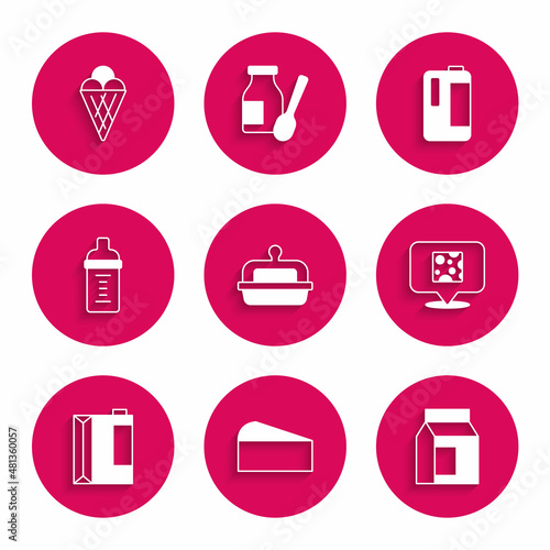 Set Butter in a butter dish, Cheese, Paper package for milk, kefir, Baby bottle, Milk plastic and Ice cream waffle cone icon. Vector