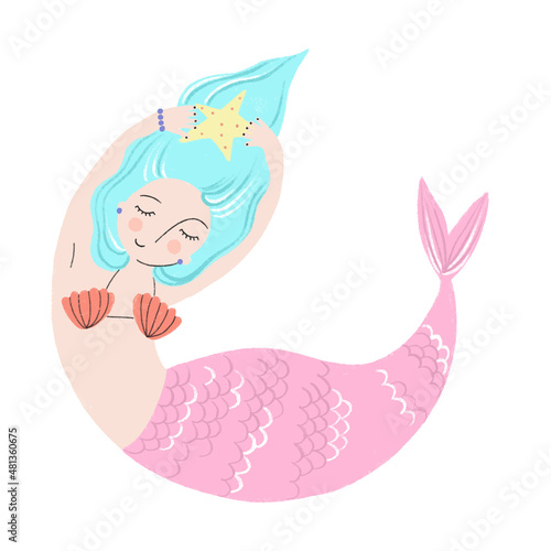 Cute mermaid on white isolated background. Vector illustration