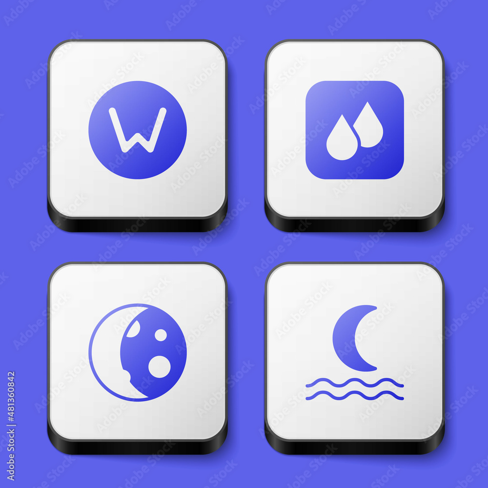 Set Compass north, Water drop, Moon phases and Night fog smoke icon. White square button. Vector Set Compass north, Water drop, Moon phases and Night fog smoke icon. White square button. Vector