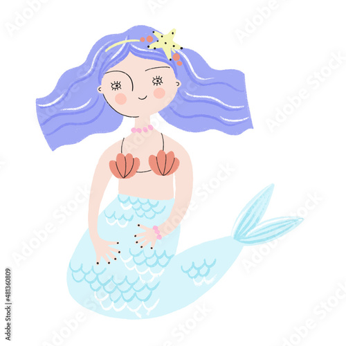 Cute mermaid on white isolated background. Vector illustration