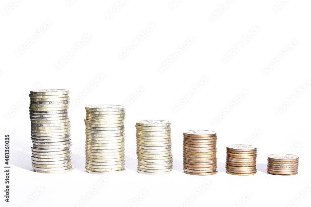 stacks of coins from largest to smallest in perspective and shadows on a white background stacks of coins from largest to smallest in perspective and shadows on a white background