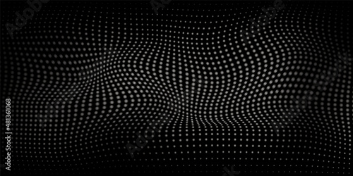 Futuristic Digital Wave of Particles on Dark Black Background. Wave Halftone Dark Black Pattern. Template with Dots Optical Illusion. Abstract Modern Design. Vector Illustration © Toxa2x2