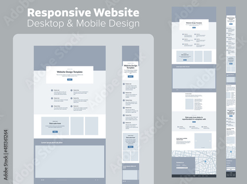 Design website. Desktop and mobile wireframe. Landing page template. UX UI Resources.