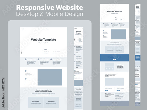 Design website. Desktop and mobile wireframe. Landing page template. UX UI Resources.